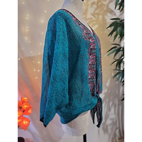 Ali Miles Womens Animal Print Boho Stripe Tie Front Semi Sheer Blouse Top Size L - Picture 4 of 11